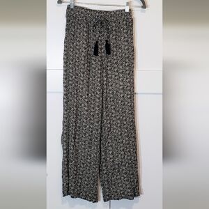 Knox Rose Pants Pull On Elastic Waist Tassels Black Cream Print Size XS